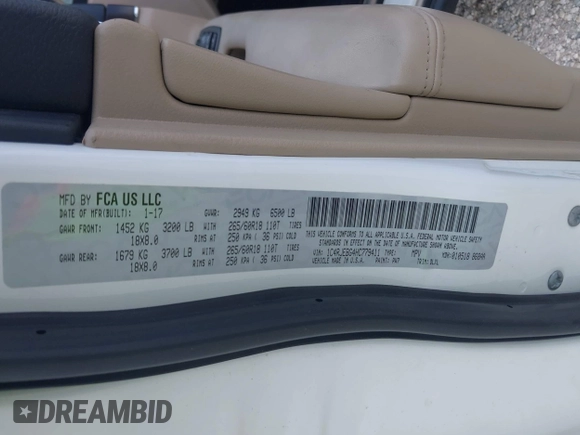 2017 Jeep Grand Cherokee Limited with VIN 1C4RJEBG4HC779411, listed as a IAAI auction lot 42383918 with 128,120 mi miles and . Bid and sale history available at DreamBid. Image 9.