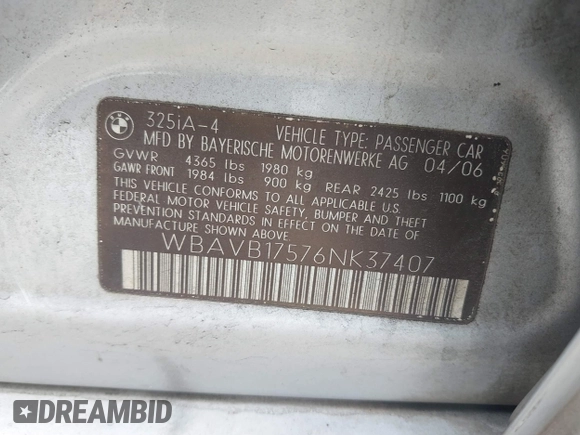 2006 BMW 3 Series 325i z VIN WBAVB17576NK37407, wystawiony jako IAAI lot #41967656 z przebiegiem 209 291 mil mil oraz . Historia ofert i sprzedaży dostępna na DreamBid. Obrazek 9.
