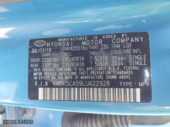 2020 Hyundai Kona Ultimate with VIN KM8K5CA59LU422928, listed as a IAAI auction lot 41882218 with 78,524 mi miles. Bid and sale history available at carsss.com. Image 9.