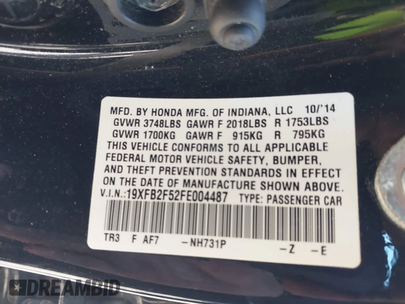 2015 Honda Civic Sedan LX with VIN 19XFB2F52FE004487, listed as a IAAI auction lot 41900671 with 125,497 mi miles. Bid and sale history available at carsss.com. Image 9.