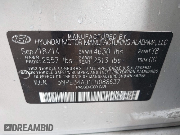 2015 Hyundai Sonata Sport with VIN 5NPE34AB1FH088637, listed as a IAAI auction lot 41455927 with 194,232 mi miles and . Bid and sale history available at carsss.com. Image 9.