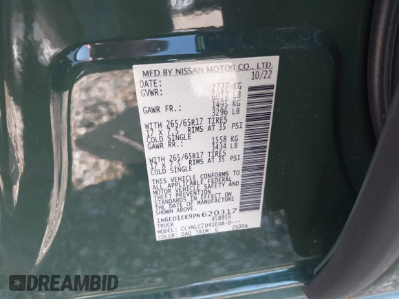 2023 Nissan Frontier Pro-4X with VIN 1N6ED1EK9PN620317, listed as a IAAI auction lot 42008021 with 36,139 mi miles and . Bid and sale history available at DreamBid. Image 9.