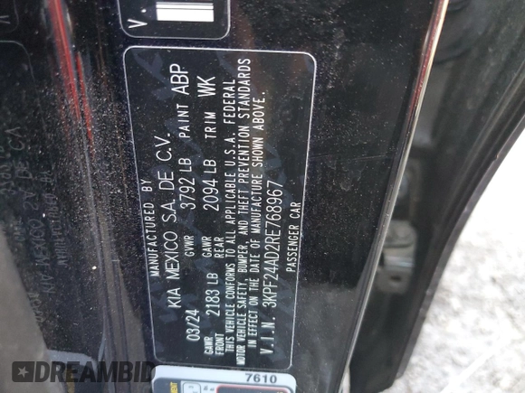 2024 Kia Forte LXS with VIN 3KPF24AD2RE768967, listed as a Copart auction lot 52128935 with 27,500 mi miles and Non Repairable. Bid and sale history available at carsss.com. Image 13.