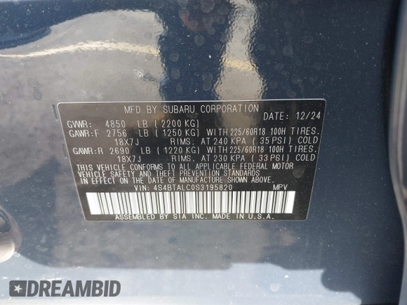 2025 Subaru Outback Onyx z VIN 4S4BTALC0S3195820, wystawiony jako IAAI lot #42088122 z przebiegiem 2 153 mil mil oraz . Historia ofert i sprzedaży dostępna na DreamBid. Obrazek 9.