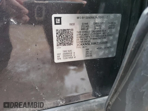 2019 GMC Acadia SLE with VIN 1GKKNSLS6KZ151026, listed as a Copart auction lot 50121605 with 109,700 mi miles and Salvage Title. Bid and sale history available at DreamBid. Image 13.