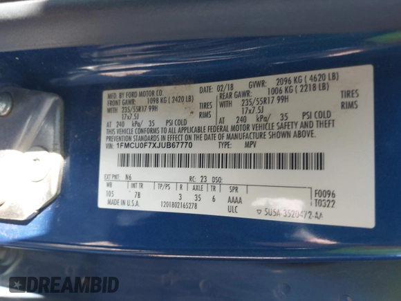 2018 Ford Escape S with VIN 1FMCU0F7XJUB67770, listed as a IAAI auction lot 42160756 with 88,329 mi miles and . Bid and sale history available at DreamBid. Image 9.