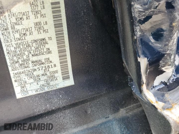 2006 Nissan Titan XE with VIN 1N6BA07A26N573818, listed as a Copart auction lot 55362945 with Not provided miles and Salvage title. Bid and sale history available at DreamBid. Image 12.