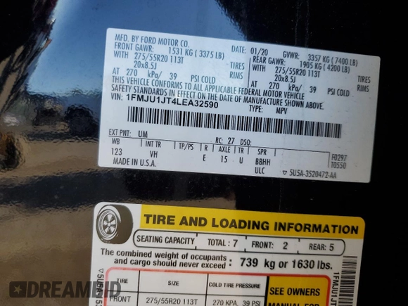 2020 Ford Expedition XLT z VIN 1FMJU1JT4LEA32590, wystawiony jako Copart lot #50515225 z przebiegiem 38 371 mil mil oraz Szkoda całkowita • Salvage title. Historia ofert i sprzedaży dostępna na DreamBid. Obrazek 16.