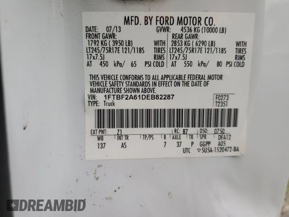 2013 Ford F-250 XL with VIN 1FTBF2A61DEB82287, listed as a Copart auction lot 86120804 with 66,416 mi miles and Clean Title. Bid and sale history available at DreamBid. Image 12.