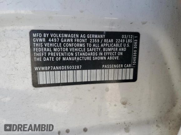 2013 Volkswagen CC Sport with VIN WVWBP7AN6DE503287, listed as a Copart auction lot 86985994 with 136,867 mi miles and Salvage Title. Bid and sale history available at carsss.com. Image 12.