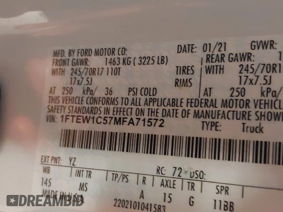 2021 Ford F-150 XL with VIN 1FTEW1C57MFA71572, listed as a IAAI auction lot 41549588 with 82,389 mi miles and . Bid and sale history available at carsss.com. Image 9.