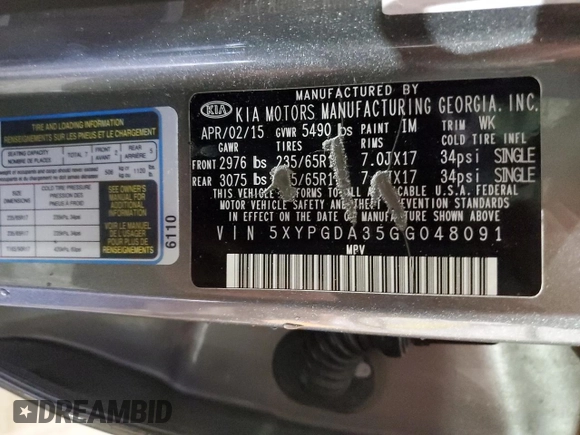 2016 Kia Sorento LX with VIN 5XYPGDA35GG048091, listed as a Copart auction lot 86768774 with 105,072 mi miles and Salvage Title. Bid and sale history available at DreamBid. Image 14.