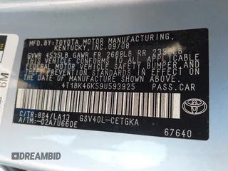 2009 Toyota Camry LE with VIN 4T1BK46K59U593925, listed as a IAAI auction lot 41524266 with 50,923 mi miles. Bid and sale history available at carsss.com. Image 9.