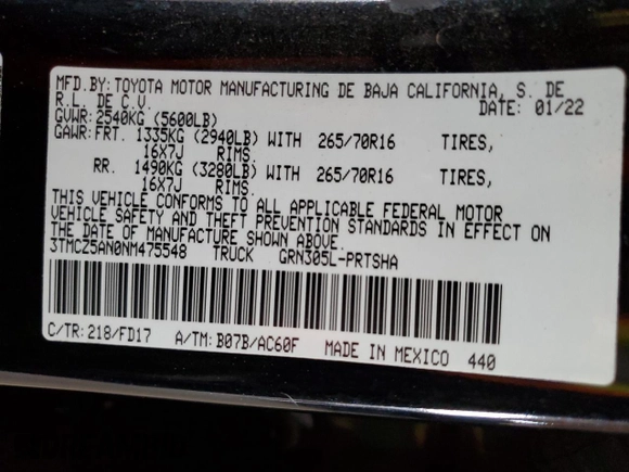 2022 Toyota Tacoma SR with VIN 3TMCZ5AN0NM475548, listed as a Copart auction lot 59152015 with 56,020 mi miles and Salvage title. Bid and sale history available at DreamBid. Image 12.