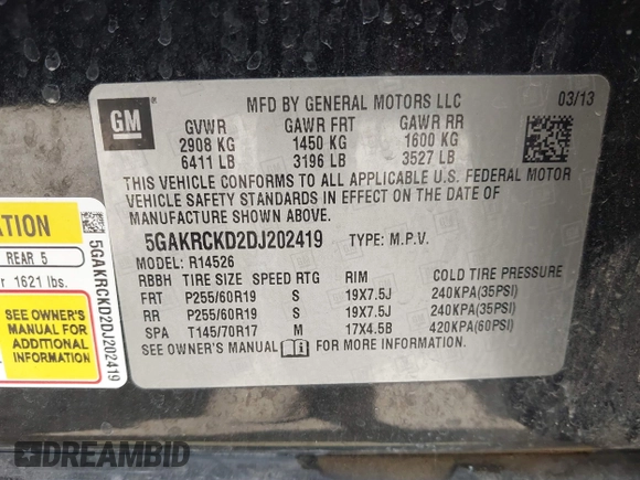 2013 Buick Enclave Leather with VIN 5GAKRCKD2DJ202419, listed as a IAAI auction lot 41862929 with 105,599 mi miles. Bid and sale history available at carsss.com. Image 9.