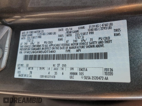 2014 Ford Escape SE с VIN 1FMCU9GX9EUD73493, выставлен на аукционе Copart как лот 60605385 с пробегом 123 236 миль миль и Списание • Salvage title. История ставок и продаж доступна на DreamBid. Изображение 13.