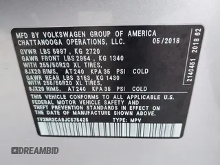2018 Volkswagen Atlas SEL Premium with VIN 1V2NR2CA8JC575425, listed as a IAAI auction lot 41104744 with 62,774 mi miles and . Bid and sale history available at DreamBid. Image 9.