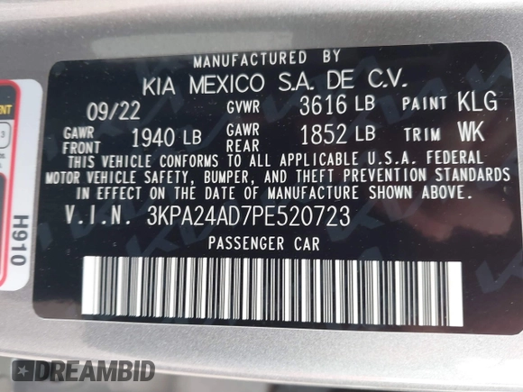 2023 Kia Rio LX z VIN 3KPA24AD7PE520723, wystawiony jako IAAI lot #41184281 z przebiegiem 11 971 mil mil oraz . Historia ofert i sprzedaży dostępna na DreamBid. Obrazek 9.
