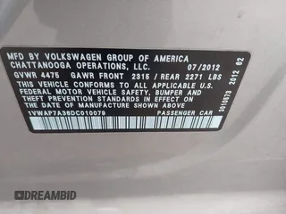 2013 Volkswagen Passat Wolfsburg Edition with VIN 1VWAP7A36DC010079, listed as a IAAI auction lot 41908421 with 190,313 mi miles. Bid and sale history available at carsss.com. Image 9.