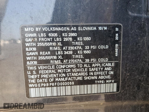 2015 Volkswagen Touareg Lux с VIN WVGEP9BP6FD003059, выставлен на аукционе Copart как лот 59670505 с пробегом 162 945 миль миль и Списание • Salvage title. История ставок и продаж доступна на DreamBid. Изображение 13.