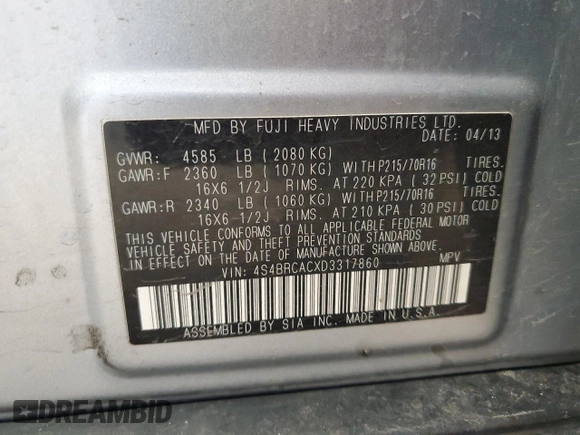 2013 Subaru Outback 2.5i with VIN 4S4BRCACXD3317860, listed as a Copart auction lot 52724015 with 78,485 mi miles and Clean title. Bid and sale history available at DreamBid. Image 15.