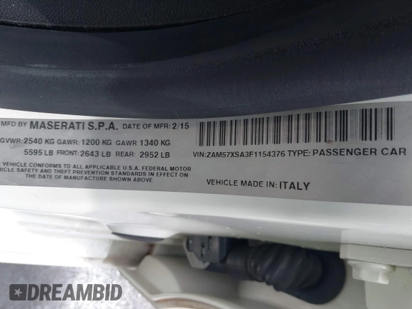 2015 Maserati Ghibli z VIN ZAM57XSA3F1154376, wystawiony jako IAAI lot #42373053 z przebiegiem 81 523 mil mil oraz . Historia ofert i sprzedaży dostępna na DreamBid. Obrazek 9.