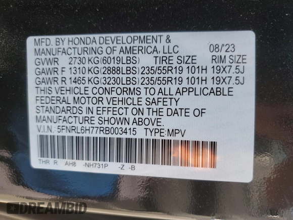 2024 Honda Odyssey Sport with VIN 5FNRL6H77RB003415, listed as a Copart auction lot 43627575 with 19,927 mi miles and Salvage Title. Bid and sale history available at DreamBid. Image 15.