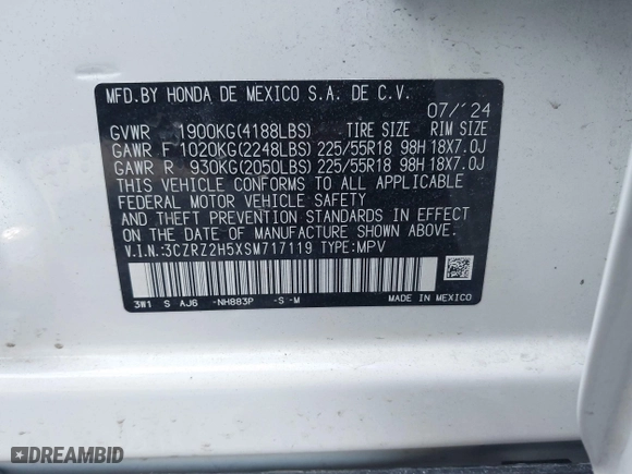 2025 Honda HR-V Sport with VIN 3CZRZ2H5XSM717119, listed as a IAAI auction lot 41541869 with 2,342 mi miles. Bid and sale history available at carsss.com. Image 9.