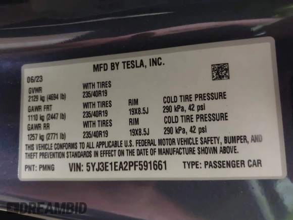 2023 Tesla Model 3 z VIN 5YJ3E1EA2PF591661, wystawiony jako IAAI lot #42014086 z przebiegiem 13 945 mil mil oraz . Historia ofert i sprzedaży dostępna na DreamBid. Obrazek 9.