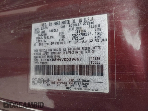 1997 Ford F-150 с VIN 1FTDX08W4VKD39667, выставлен на аукционе IAAI как лот 41537371 с пробегом 300 671 миль миль и . История ставок и продаж доступна на DreamBid. Изображение 9.
