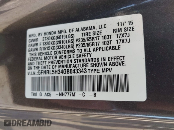 2016 Honda Odyssey SE with VIN 5FNRL5H34GB043343, listed as a IAAI auction lot 42096360 with 140,878 mi miles and . Bid and sale history available at DreamBid. Image 9.
