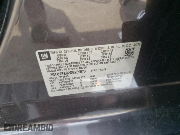 2016 GMC Sierra 1500 Denali z VIN 3GTU2PEC2GG289573, wystawiony jako Copart lot #54482255 z przebiegiem 102 855 mil mil oraz Szkoda całkowita • Salvage title. Historia ofert i sprzedaży dostępna na DreamBid. Obrazek 12.