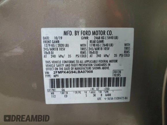 2020 Ford Edge SE с VIN 2FMPK4G94LBA07908, выставлен на аукционе Copart как лот 59572605 с пробегом 110 989 миль миль и Списание • Salvage title. История ставок и продаж доступна на DreamBid. Изображение 12.