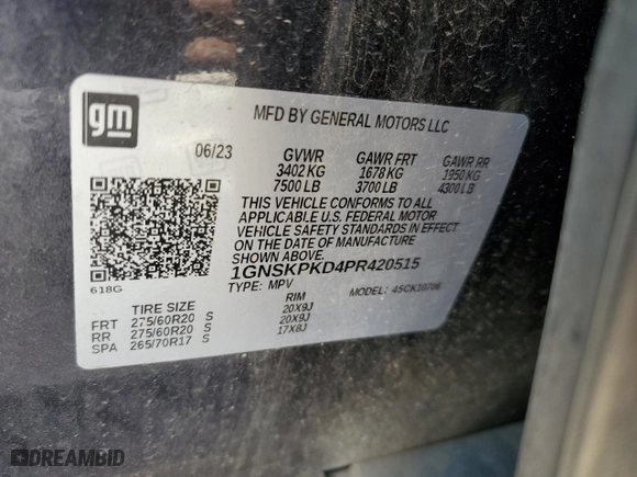 2023 Chevrolet Tahoe Z71 with VIN 1GNSKPKD4PR420515, listed as a Copart auction lot 47783215 with 38,342 mi miles and Salvage Title. Bid and sale history available at carsss.com. Image 15.