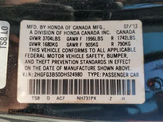 2013 Honda Civic Cpe LX with VIN 2HGFG3B50DH524980, listed as a Copart auction lot 52498475 with 105,761 mi miles and Salvage Title. Bid and sale history available at carsss.com. Image 13.