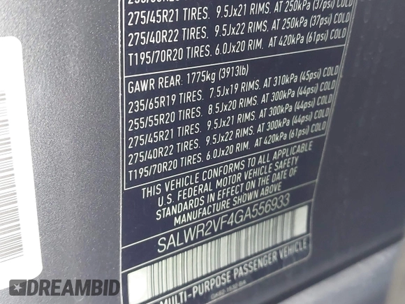 2016 Land Rover Range Rover Sport HSE with VIN SALWR2VF4GA556933, listed as a IAAI auction lot 41757697 with 50,558 mi miles and . Bid and sale history available at DreamBid. Image 9.