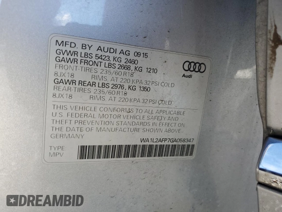 2016 Audi Q5 Premium Plus with VIN WA1L2AFP7GA058347, listed as a Copart auction lot 45809295 with 78,063 mi miles and Salvage Title. Bid and sale history available at carsss.com. Image 15.