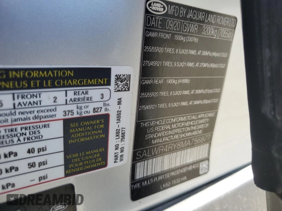 2021 Land Rover Range Rover Sport with VIN SALWR4RY8MA756877, listed as a Copart auction lot 56195065 with 57,294 mi miles and Salvage title. Bid and sale history available at DreamBid. Image 14.