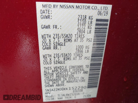 2019 Nissan Murano Platinum with VIN 5N1AZ2MJ0KN152290, listed as a IAAI auction lot 41299085 with 25,668 mi miles and . Bid and sale history available at DreamBid. Image 9.
