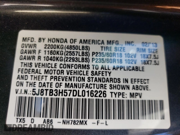 2013 Acura RDX Technology with VIN 5J8TB3H57DL016226, listed as a Copart auction lot 48532985 with 115,788 mi miles and Salvage Title. Bid and sale history available at carsss.com. Image 16.