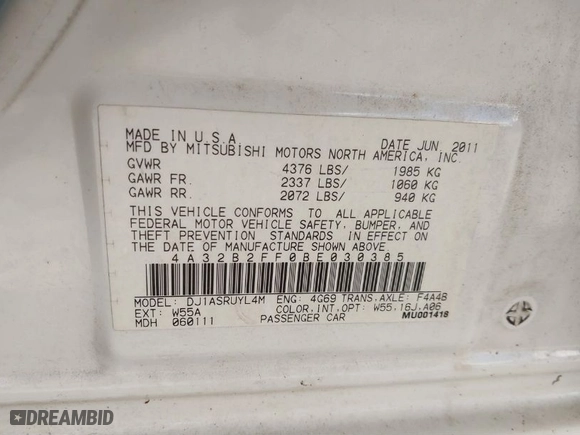 2011 Mitsubishi Galant FE with VIN 4A32B2FF0BE030385, listed as a IAAI auction lot 40740593 with 137,279 mi miles. Bid and sale history available at carsss.com. Image 9.