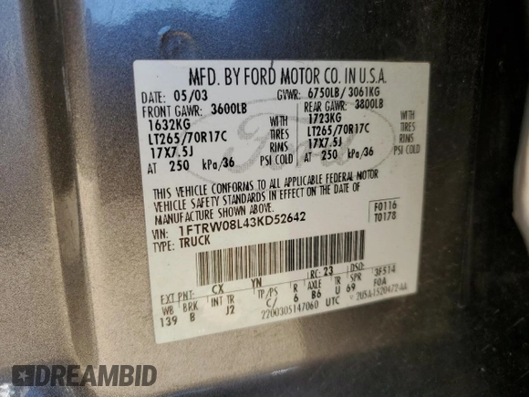 2003 Ford F-150 XLT with VIN 1FTRW08L43KD52642, listed as a Copart auction lot 46829485 with 206,718 mi miles and Salvage Title. Bid and sale history available at carsss.com. Image 12.