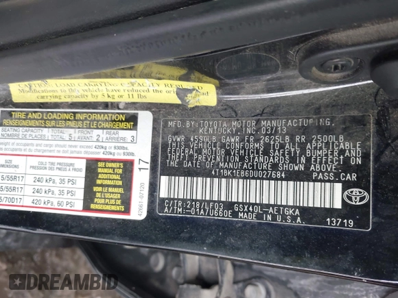 2013 Toyota Avalon XLE with VIN 4T1BK1EB6DU027684, listed as a IAAI auction lot 41300853 with Not Provided miles and . Bid and sale history available at DreamBid. Image 9.