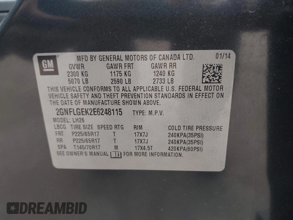 2014 Chevrolet Equinox LT with VIN 2GNFLGEK2E6248115, listed as a IAAI auction lot 41851005 with 89,059 mi miles. Bid and sale history available at carsss.com. Image 9.