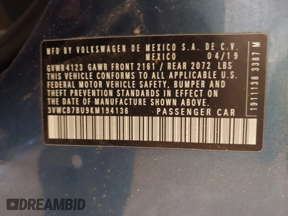 2019 Volkswagen Jetta S z VIN 3VWCB7BU9KM194136, wystawiony jako IAAI lot #41463927 z przebiegiem 103 847 mil mil oraz . Historia ofert i sprzedaży dostępna na DreamBid. Obrazek 9.