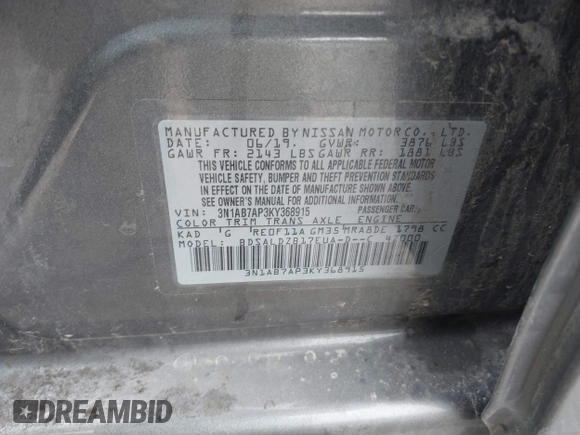 2019 Nissan Sentra SV with VIN 3N1AB7AP3KY368915, listed as a IAAI auction lot 39318686 with 86,037 mi miles and . Bid and sale history available at DreamBid. Image 9.