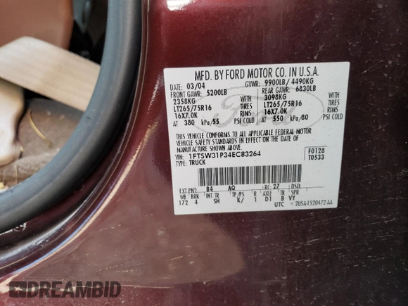 2004 Ford F-350 XL with VIN 1FTSW31P34EC83264, listed as a Copart auction lot 66875274 with 263,081 mi miles and Salvage title. Bid and sale history available at DreamBid. Image 12.