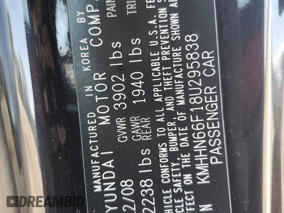 2008 Hyundai Tiburon GT z VIN KMHHN66F18U295838, wystawiony jako Copart lot #51972325 z przebiegiem 147 626 mil mil oraz Szkoda całkowita • Salvage title. Historia ofert i sprzedaży dostępna na DreamBid. Obrazek 14.