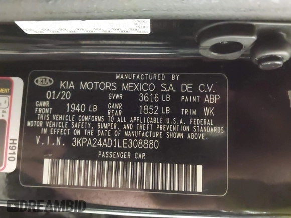 2020 Kia Rio LX with VIN 3KPA24AD1LE308880, listed as a IAAI auction lot 41827075 with 52,070 mi miles. Bid and sale history available at carsss.com. Image 9.