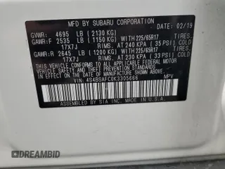 2019 Subaru Outback Premium with VIN 4S4BSAFC0K3305666, listed as a Copart auction lot 86505324 with 83,572 mi miles and Salvage title. Bid and sale history available at DreamBid. Image 12.